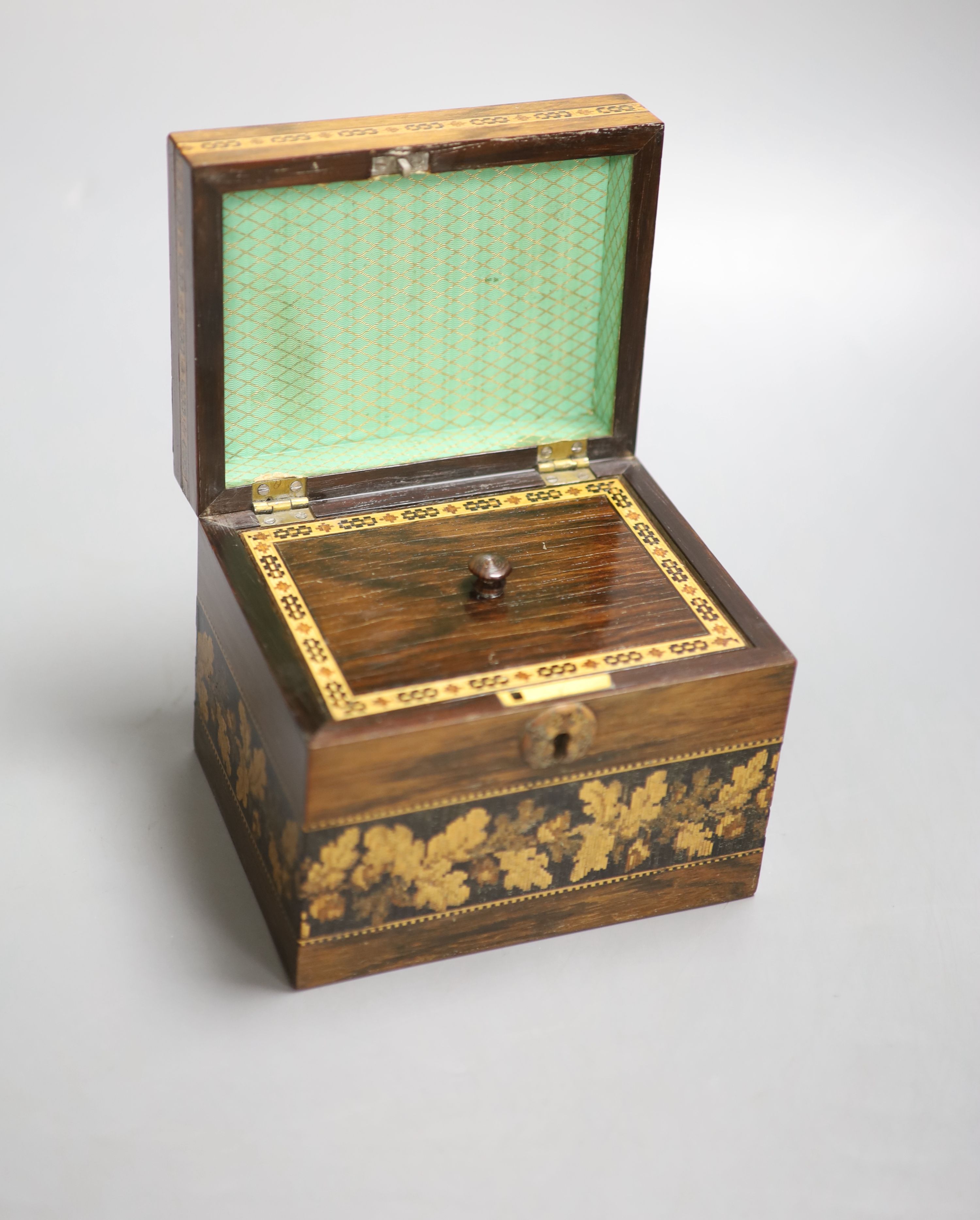 A late Victorian Tunbridge Ware rosewood tea caddy, inlaid to the top with Warwick Castle, W 14, H 11.5cm D 11cm